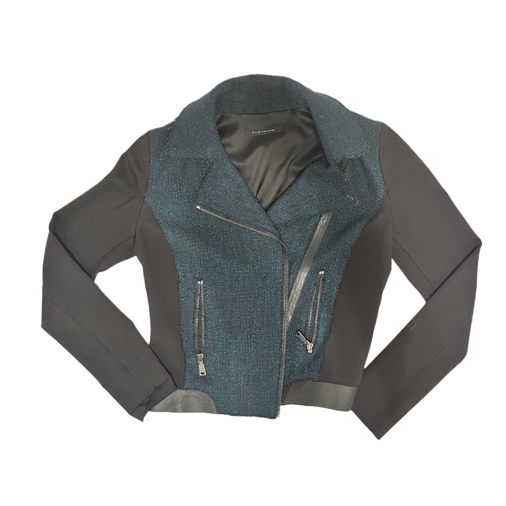Tweed-esque and 100% lambskin leather trim moto jacket with gunmetal hardware.